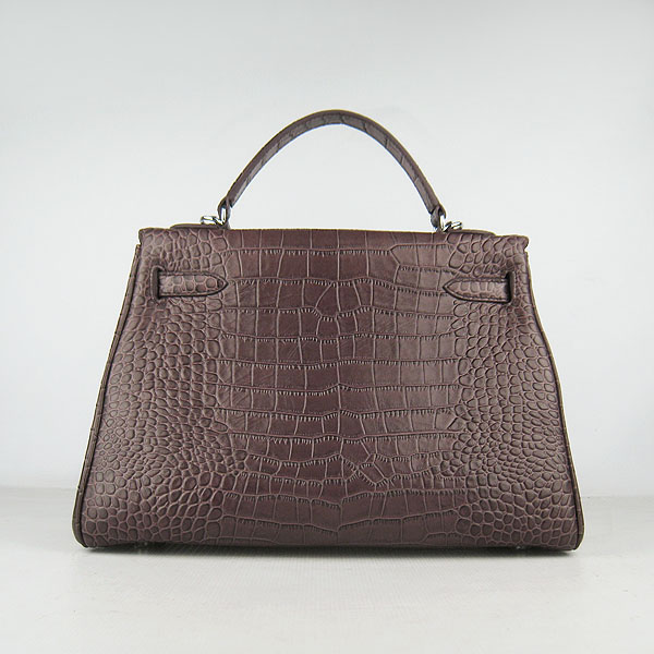 7A Replica Hermes Kelly 32cm Crocodile Veins Leather Bag Dark Coffee 6108